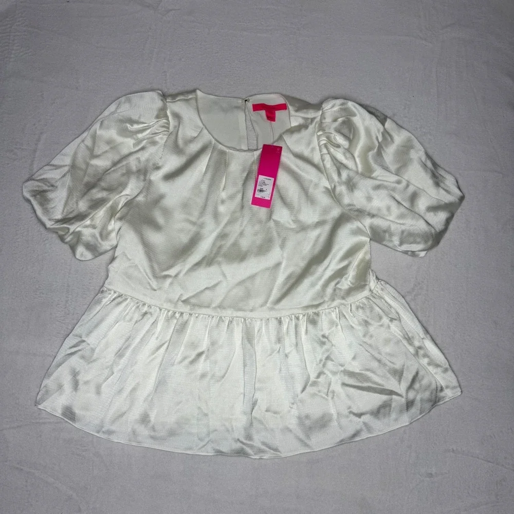 NWT Lilly Pulitzer Satin Elbow Puff Sleeve Blouse Women 8 Ivory Blakelynn Peplum
